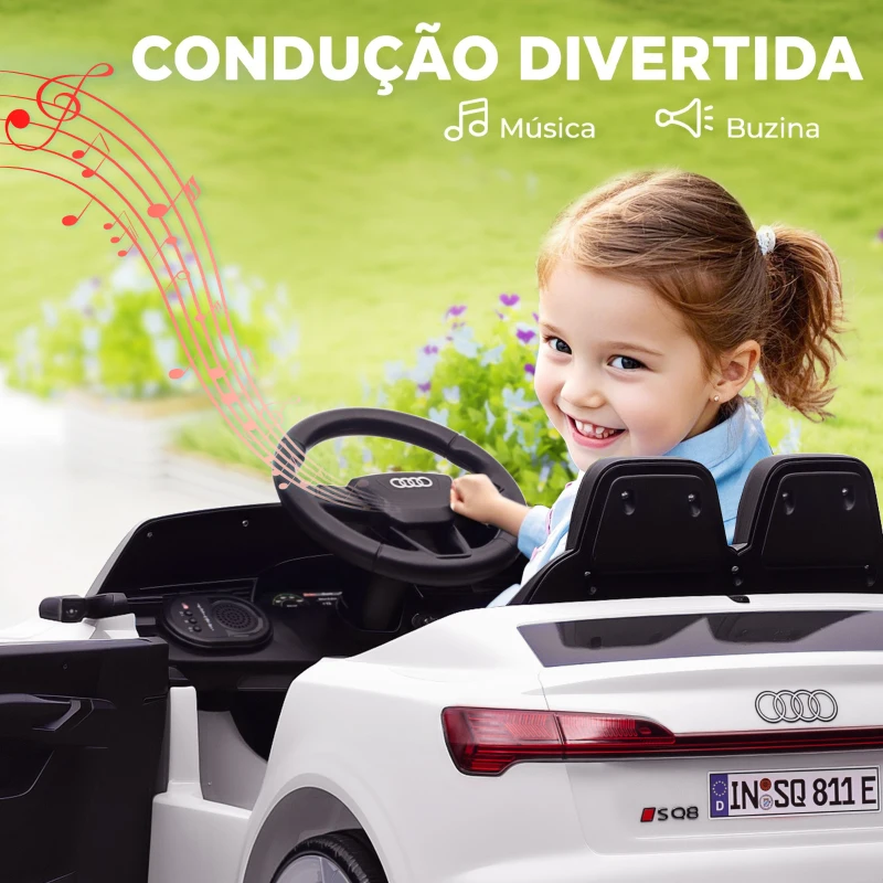 AIYAPLAY Carro Elétrico para Crianças Carro Audi Q8 Etron Sportback Infantil 12V Faróis Buzina e Música 98x49,5x43 cm Branco