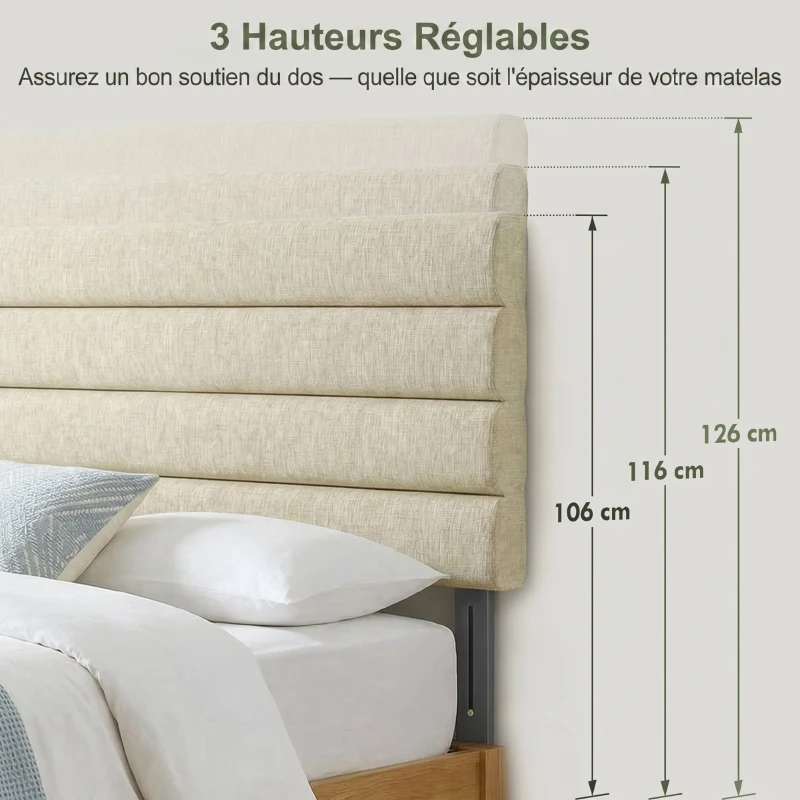 HOMCOM Tête de Lit Capitonnée, Hauteur Ajustable en 3 Niveaux avec Pieds en Métal pour Chambre, 140 x 10 x 106/116/126 cm Beige