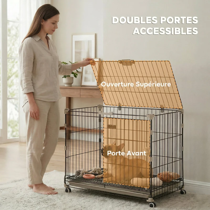 PawHut Cage pour Chien, Plateau Amovible, Roues avec Freins, Toit Ouvrant Verrouillable, 75,5x46x64,5cm, Noir
