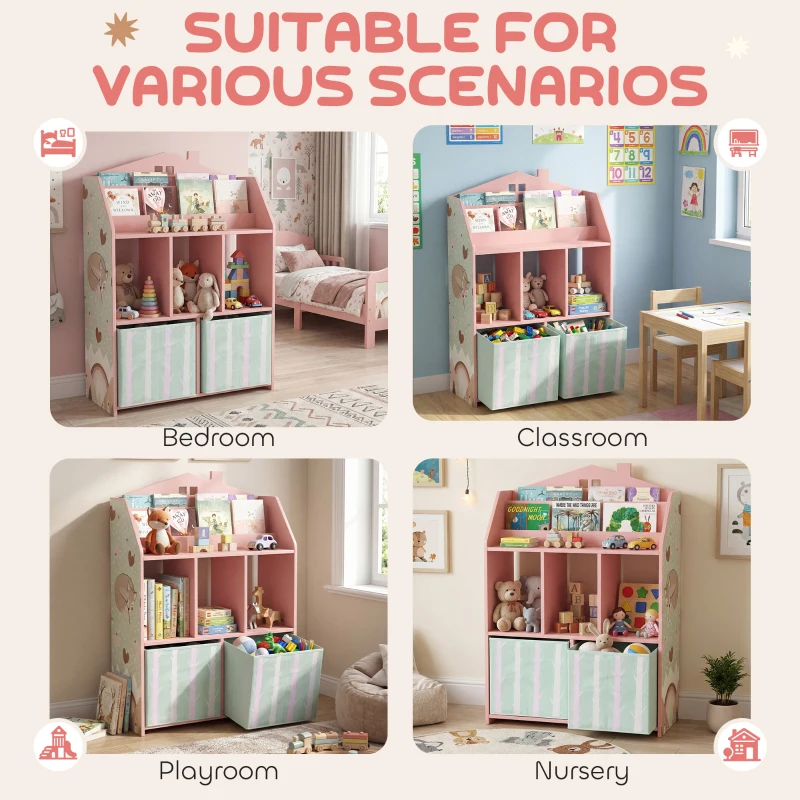 AIYAPLAY Meuble rangement enfant, bibliothèque enfants avec étagères ouvertes et 2 tiroirs en tissu, MDF, rose