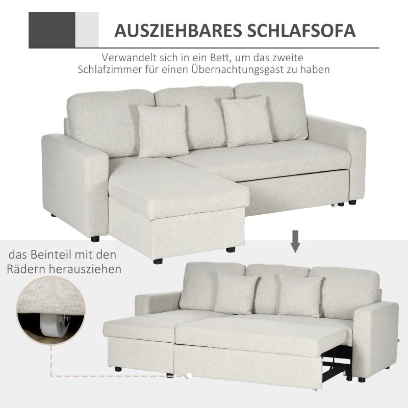HOMCOM Slaapbank Hoekbank met Bedfunctie, inclusief 2-Zits Sofa, Eenpersoonsbed, L-vorm met Opbergruimte, 2 Kussens Crèmewit(m-4)