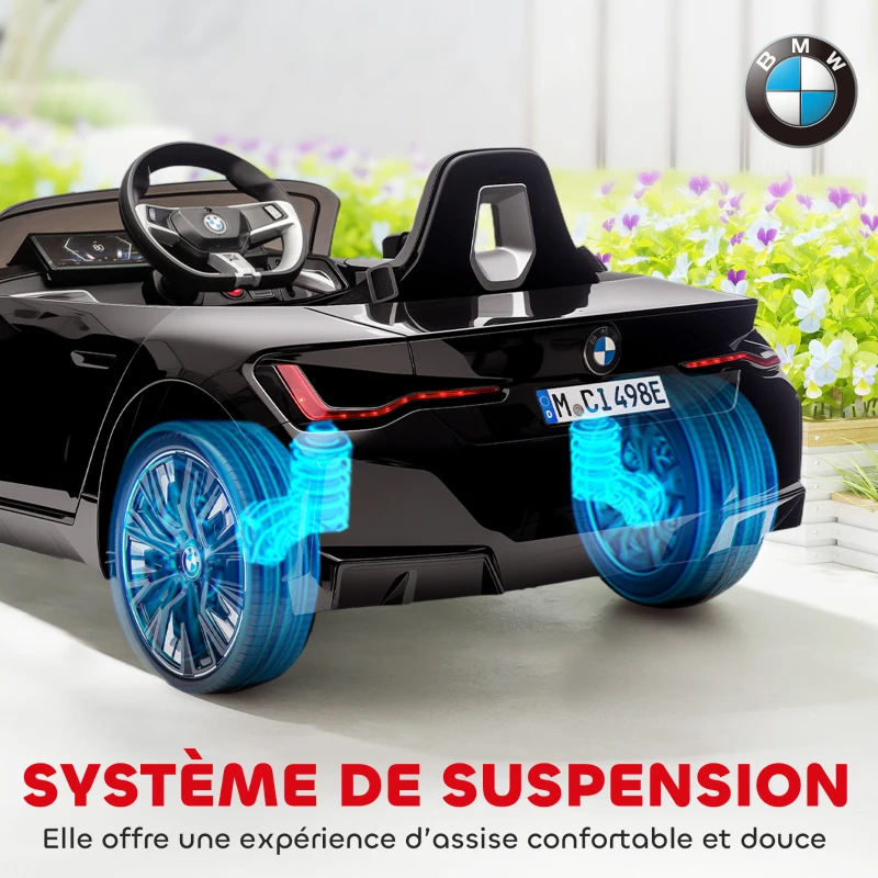 HOMCOM Voiture électrique pour enfants licence BMW I4 12V avec télécommande MP3 Musique Lumières et Ceinture 115x67x45 cm Noir