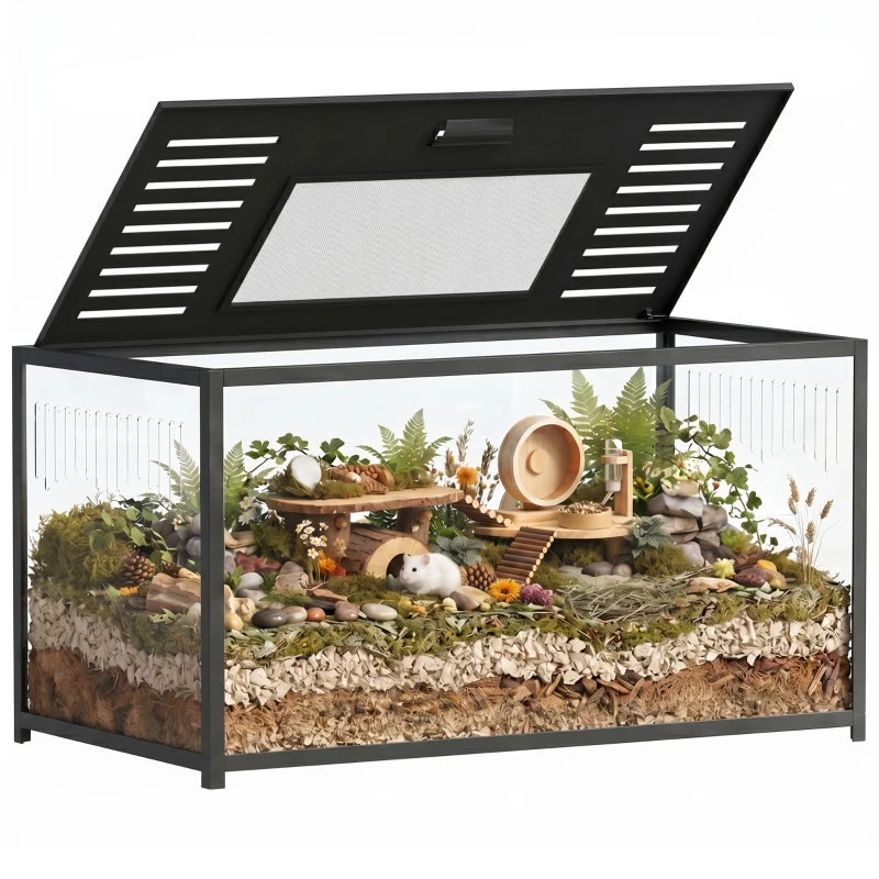 PawHut Cage Hamster Habitat Rongeur Vue Panoramique 360° Structure Robuste en Métal Espace Étanche Profond 100x50x52,5 cm Noir