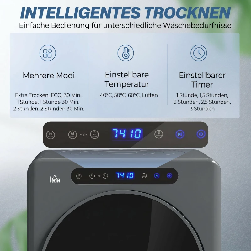 HOMCOM Wasdroger, 6 programma's, 40-60℃, 3 kg capaciteit, compact, touch-bediening, Grijs(m-4)