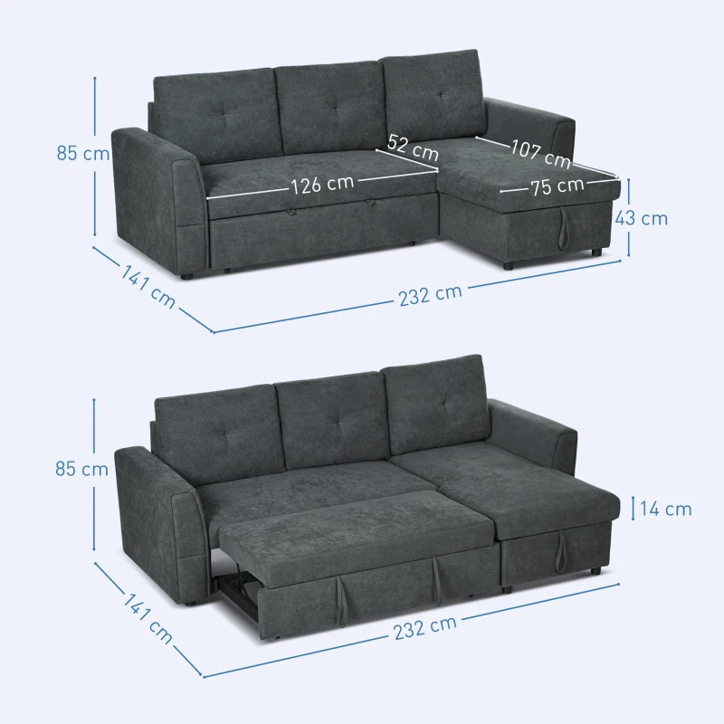 HOMCOM 3-Zit Slaapsofa met bedfunctie, slaapbank met chaise longue, gestoffeerde bank, Donkergrijs