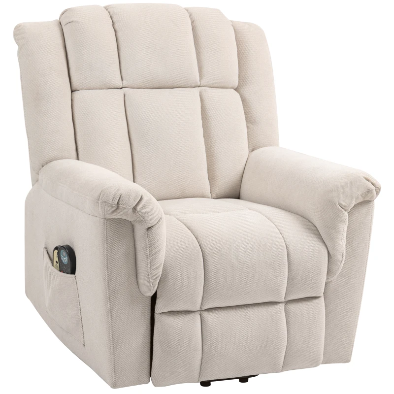 HOMCOM Powerlift Stoel, Massagstoel met Verwarmingsfunctie, Gepolsterde Stoel met Voetsteun, Zijvak, Stoffen Bekleding, Beige