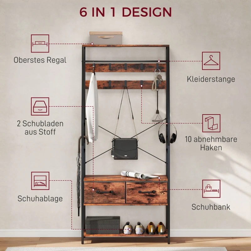 HOMCOM Garderobe met schoenenrek, kapstok met zitbank, 10 haken, 2 stoffen lades, kledingstang, spaanplaat, metaal, bruin