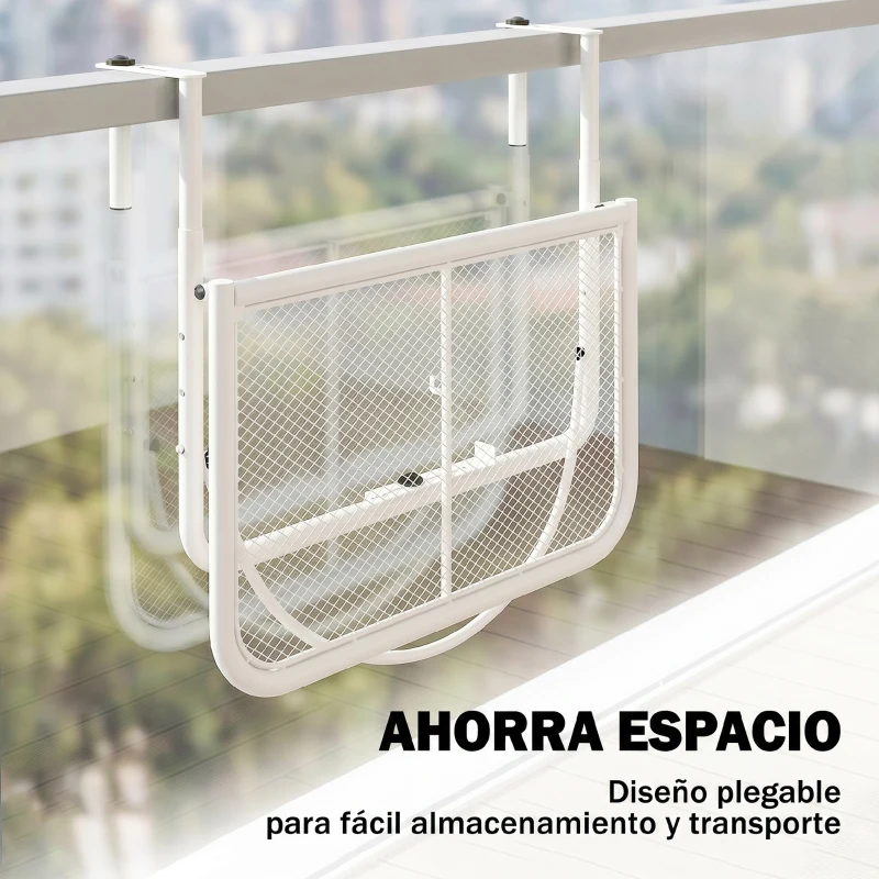 Outsunny Mesa Colgante de Balcón con Brazo Regulable y Altura Ajustable en 3 Posiciones Marco Metálico 60x56x50 cm Blanco