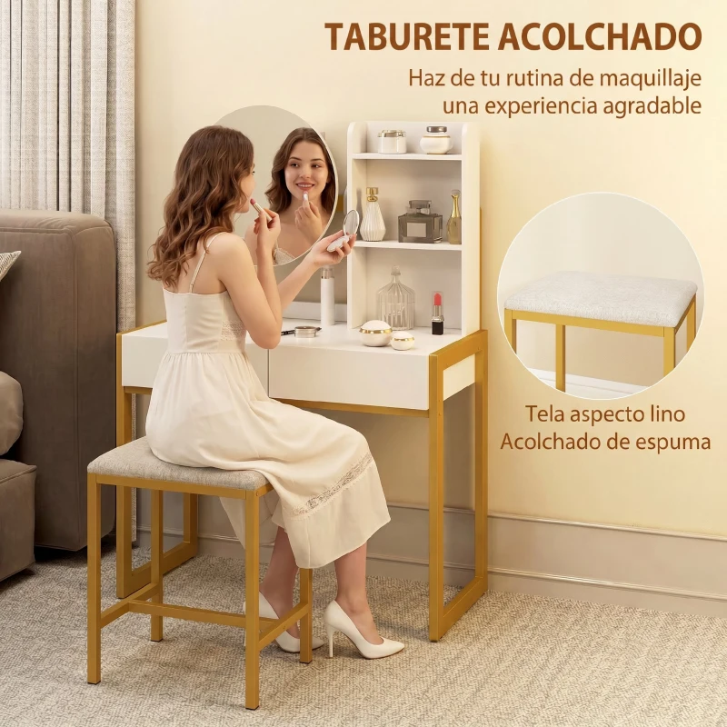 HOMCOM Tocador de Maquillaje con Espejo y Taburete Acolchado Estación de Carga 2 Cajones 3 Estantes para Dormitorio Blanco