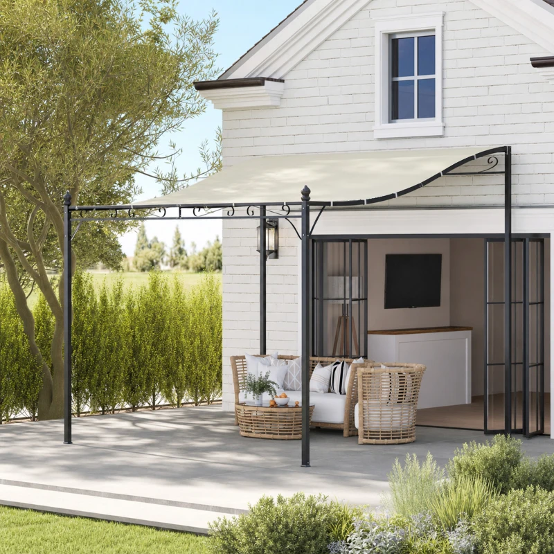 Pergola Outsunny Adosată Curbată cu 16 Orificii de Drenaj, din Metal și Poliester, 248x298x200/250 cm, Crem
