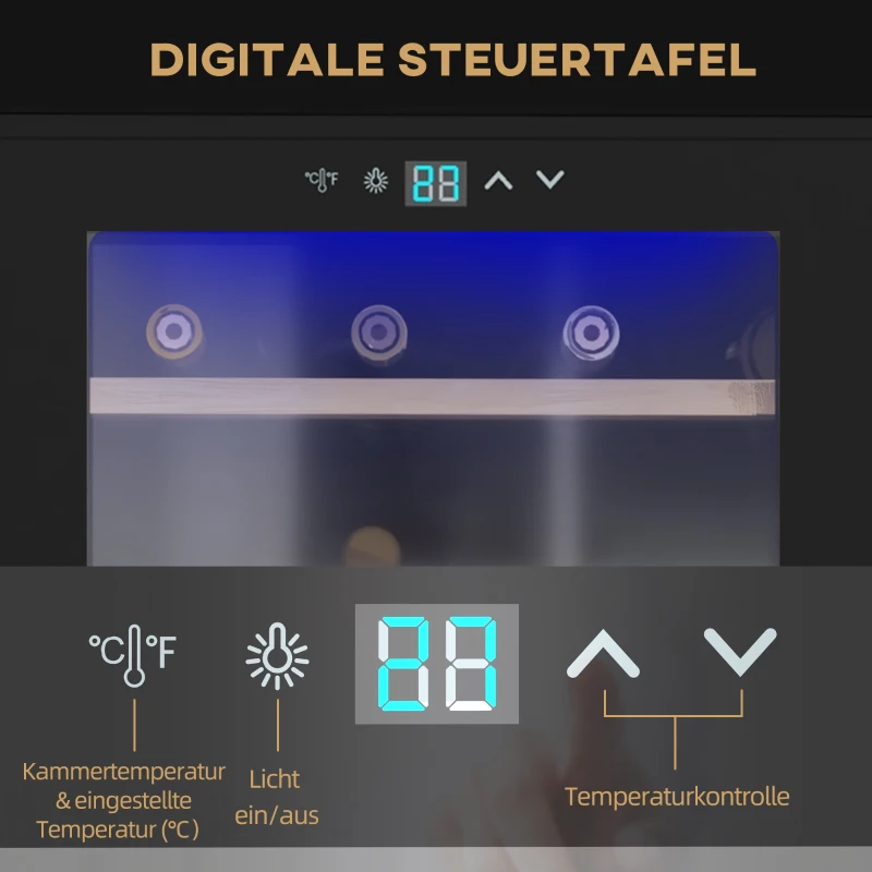 HOMCOM Wijnkoelkast voor 24 flessen, instelbare temperatuur van 5 tot 20° C, LED-verlichting, zwart, 43 x 45 x 75 cm