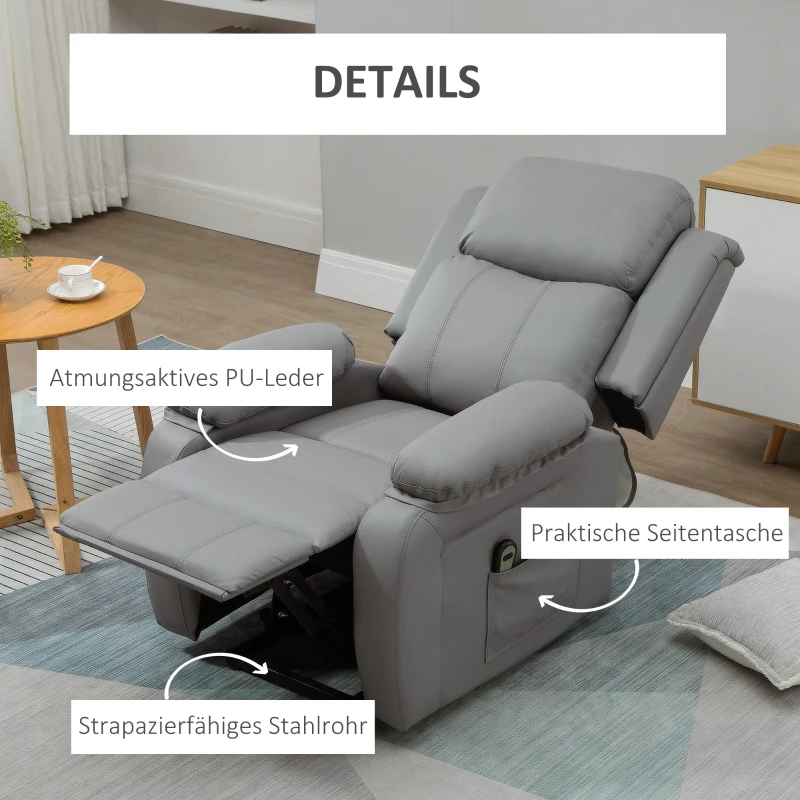 HOMCOM Elektrische opsta-fauteuil, afstandsbediening, kunstleerbekleding, gestoffeerde fauteuil met opsta-functie, Grijs