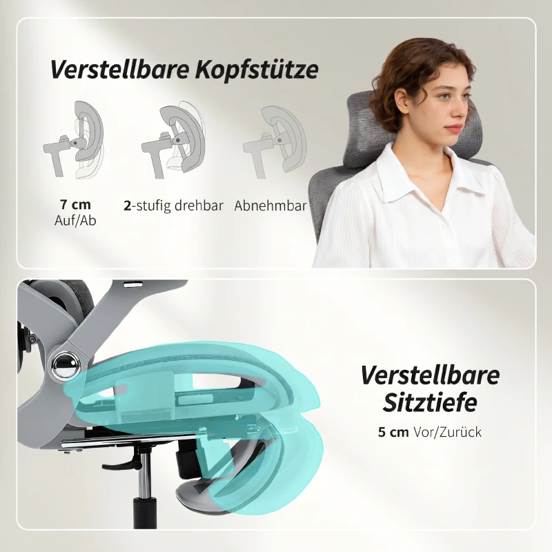 HOMCOM Ergonomische mesh bureaustoel met gesplitste rugleuning, lendensteun en 4D opklapbare armleuningen, grijs