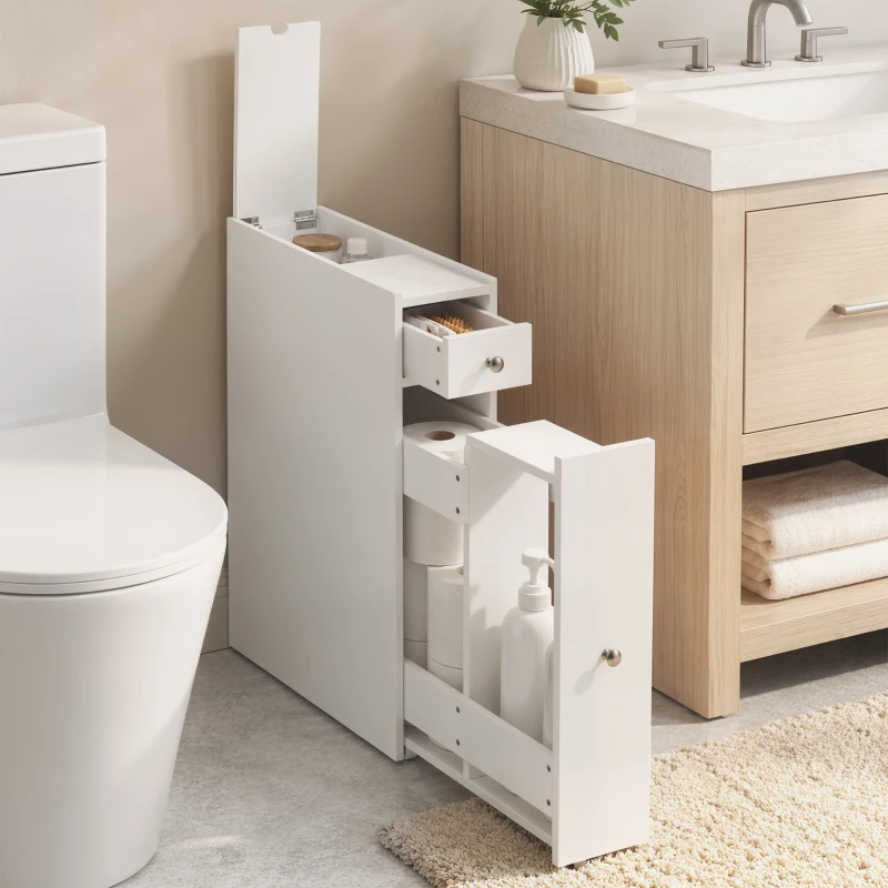HOMCOM Dulap Baie Slim cu 2 Sertare și Compartiment Deschis, 16x48x58 cm, Alb
