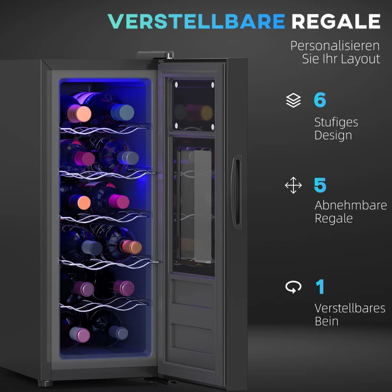 HOMCOM Wijnkoelkast voor 12 flessen, met glazen deur, drankkoelkast met LED-licht, touchscreen, zwart