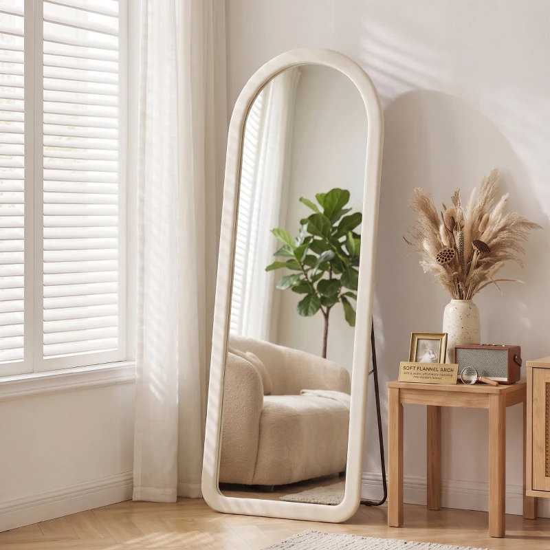 HOMCOM Specchio da Terra e Parete ad Arco con Cornice in Flanella, 160x60 cm, Bianco Crema