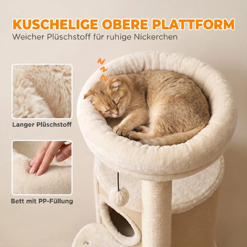 PawHut Drapak z 2-poziomową kryjówką, słupami sizalowymi, platformą, matą sizalową i pomponem, dla kotów do 5 kg