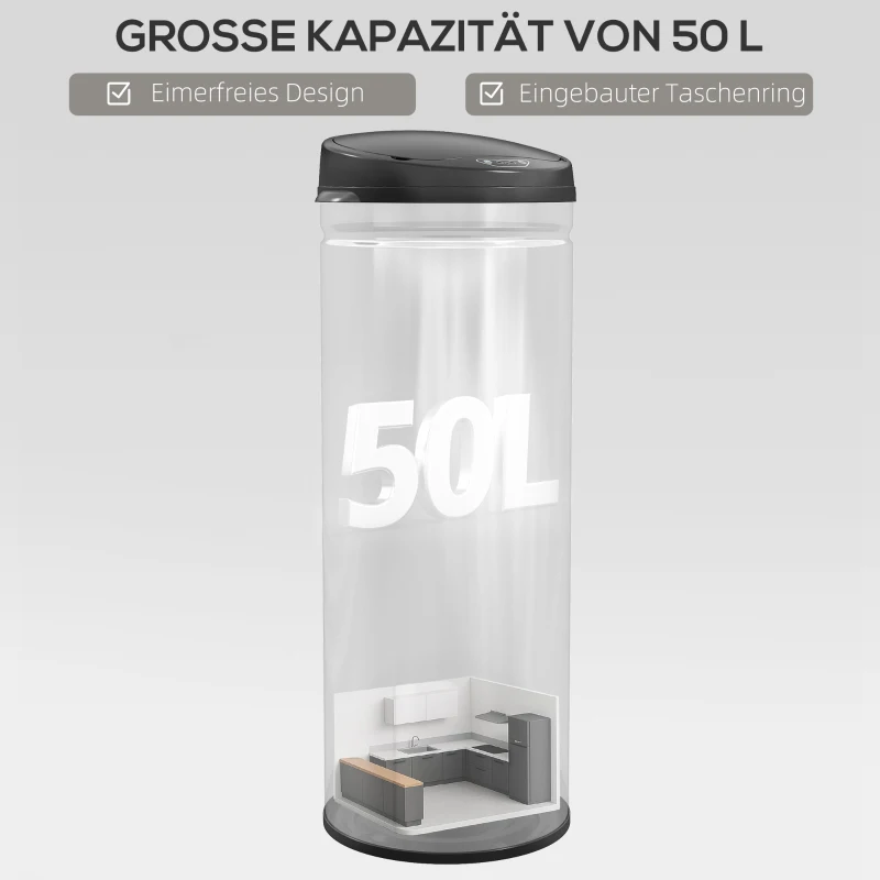 HOMCOM 50 Liter Sensor-Prullenbak met Soft-Close-Functie, contactloze Vuilnisbak van Roestvrij Staal voor hygiënische Keukens, Kantoren, Zilverkleurig(m-5)