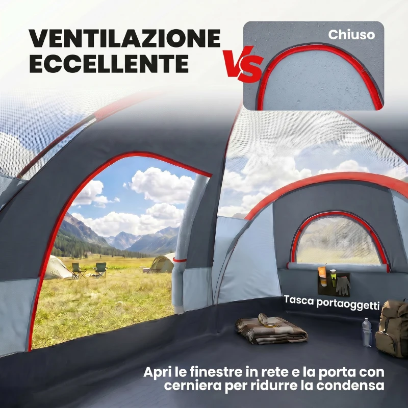 Outsunny Tenda da Campeggio 5 Posti Idrorepellente con Protezione UV, Pali in Fibra di Vetro, 4.55x2.2x1.8 m, Grigia