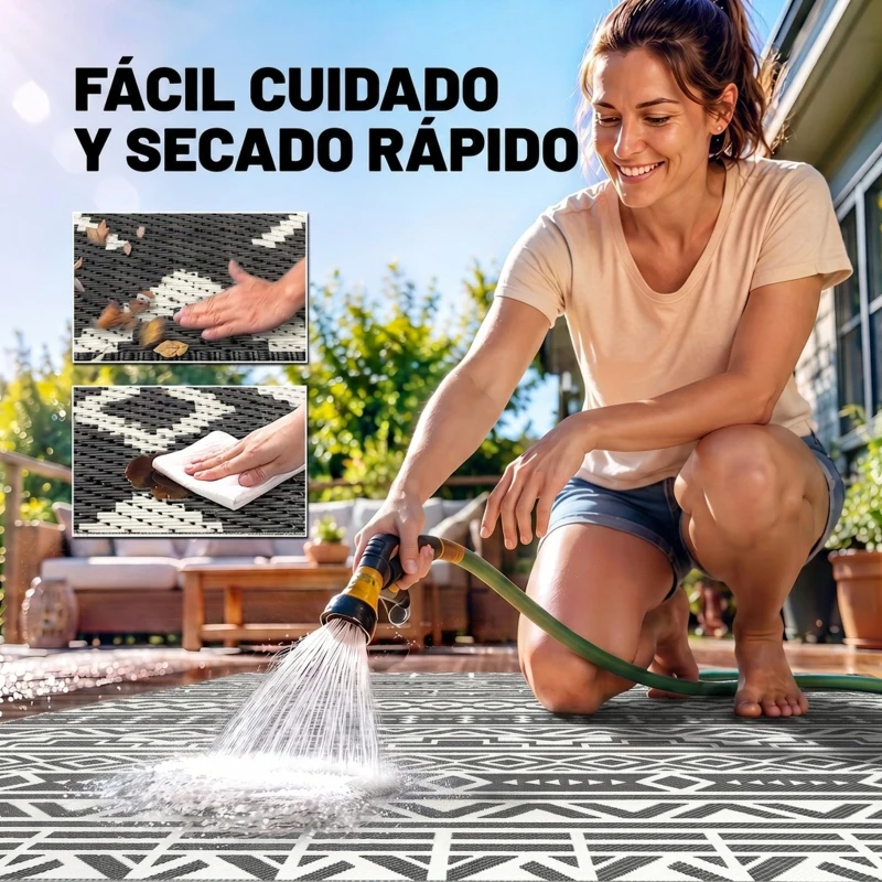 Outsunny Alfombra de Exterior Reversible 182x274 cm con Patrón Geométrico de Cenefa Impermeable con Bolsa Gris y Blanco