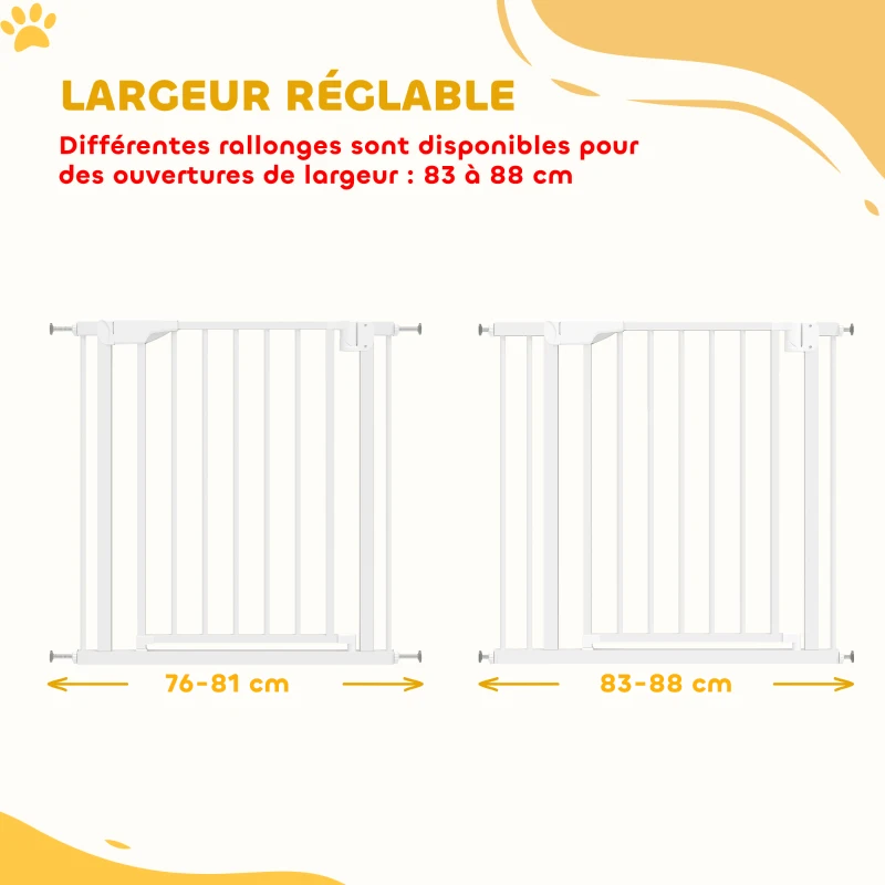 PawHut Barrière de Sécurité pour Chiens et Bébés 76 à 88 cm avec Extension, Fixation par Pression sans Perçage, 76 à 88 cm, Blanc