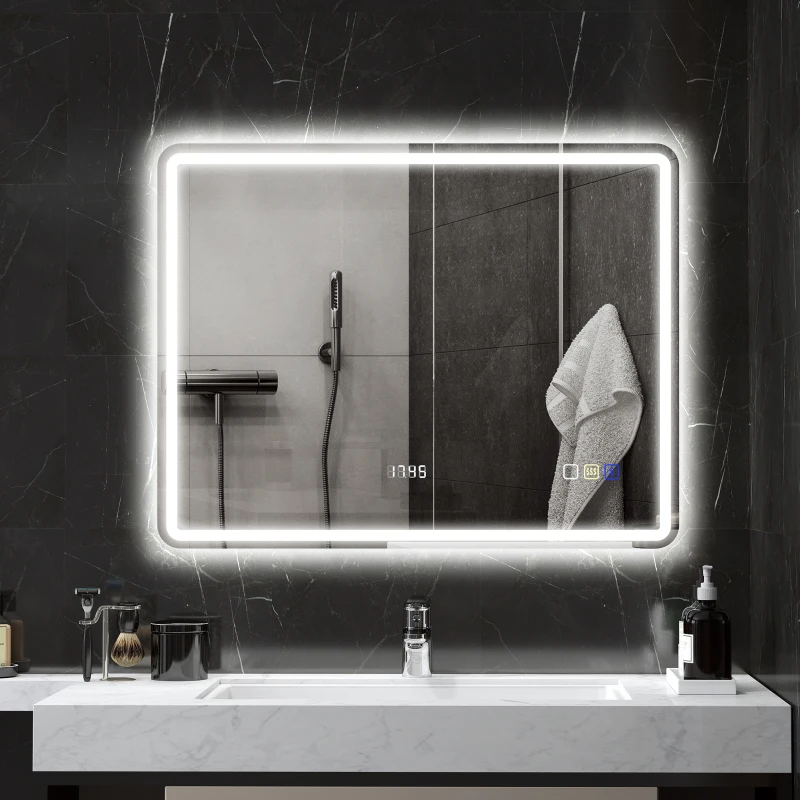 HOMCOM LED Badkamerspiegel met Verlichting, Anti-Condens Functie, 3 Instelbare Lichtkleuren, Geïntegreerde Klok, 70 x 90 cm, Zilver(m-2)