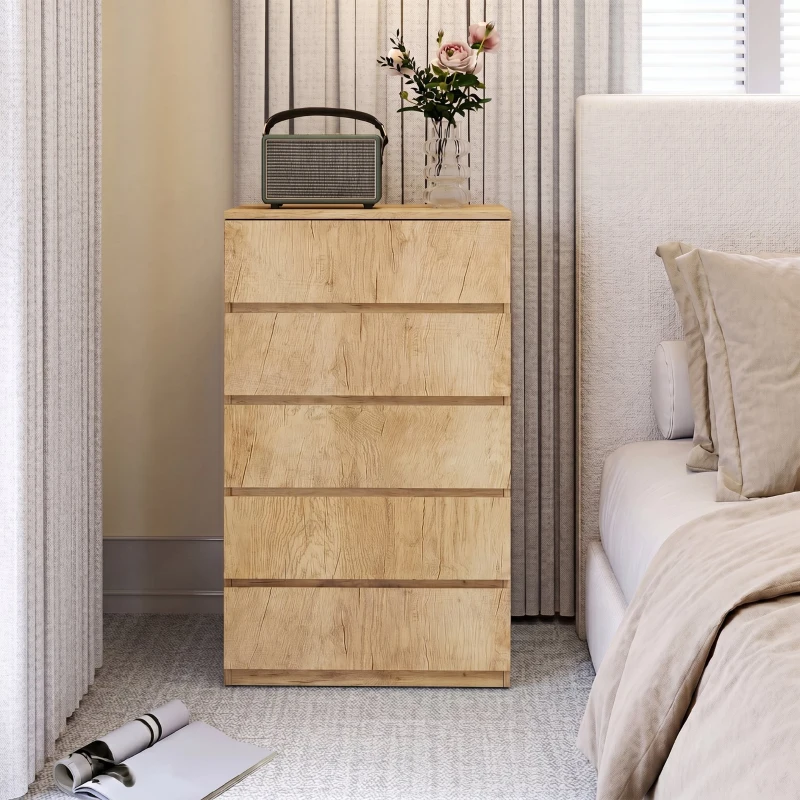 HOMCOM Cómoda 5 Cajones para Dormitorio Moderna Diseño sin Tiradores para Comedor Entrada 60x39x100 cm Madera Natural