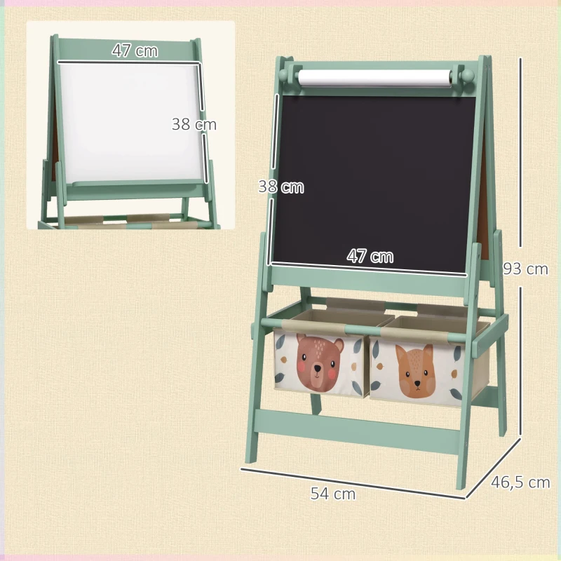 AIYAPLAY 3-in-1 Kinder Ezel met Papierrol, Krijtbord, Whiteboard, Opbergmanden, 54 x 46,5 x 93 cm, Groen(m-3)