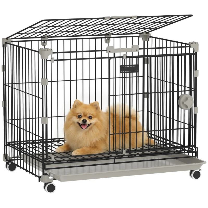 PawHut Cage pour Chien, Plateau Amovible, Roues avec Freins, Toit Ouvrant Verrouillable, 60,5x45,5x54,5cm, Noir