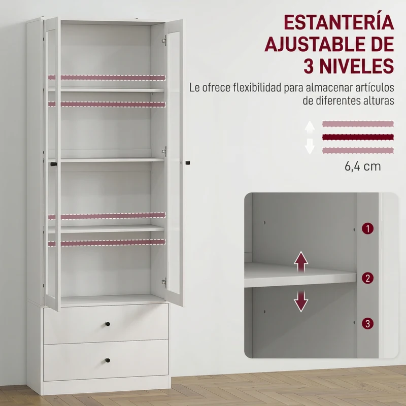HOMCOM Aparador de Cocina con Armario y 2 Cajones, Puertas de Vidrio y Estantes Regulables, 59x30x164 cm, Blanco