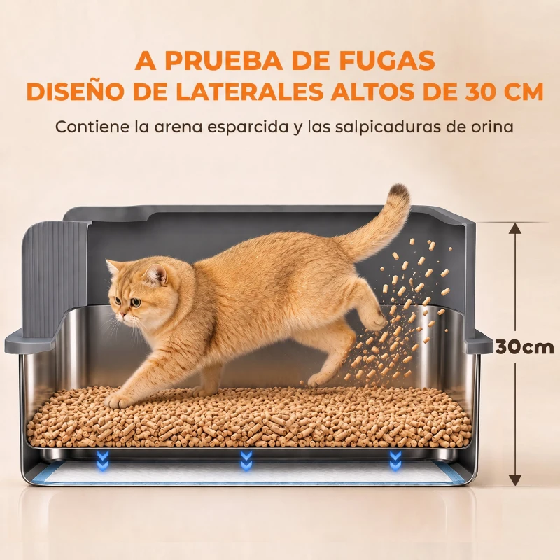PawHut Arenero para Gatos de Acero Inoxidable L con Bandeja de Tamizado Borde Alto Pala y 10 Empapadores Gris Oscuro
