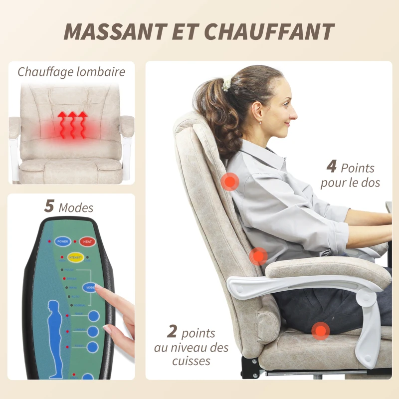 Vinsetto Fauteuil de bureau massant et chauffant, chaise de bureau, hauteur réglable, dossier inclinable, 65x70x111-119cm, crème