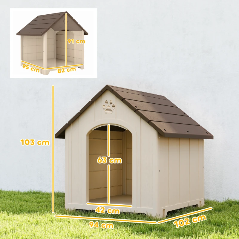 PawHut Căsuță pentru câini de exterior, talie mare și XL, căsuță din plastic impermeabil cu bază ridicată, ferestre și acoperiș înclinat pentru grădină, curte, terasă, casă, 102x94x103 cm, Bej