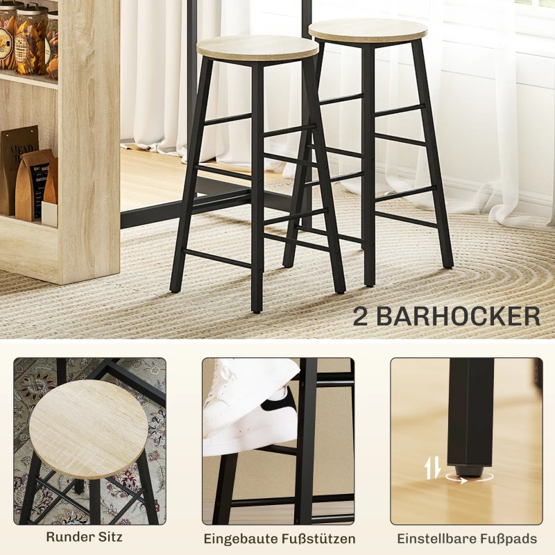 HOMCOM 3-delige Bartafelset, 1 Counter, 2 Stoelen, met Opbergruimte en Voetsteunen, Ruimtebesparend, Lichtbruin+Zwart(m-5)