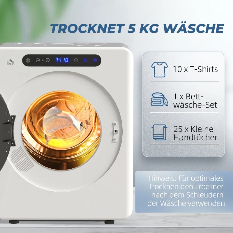 HOMCOM Wasdroger, 6 programma's, 40-60℃, 5 kg capaciteit, compact, touch-bediening, Wit(m-5)