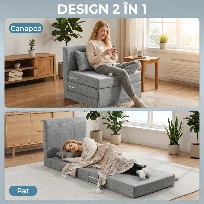 HOMCOM Fotoliu Pat Pliabil de Podea cu 3 Secțiuni Economisitor de Spațiu, din Material Textil, 80x75x74 cm, Gri(m-7)