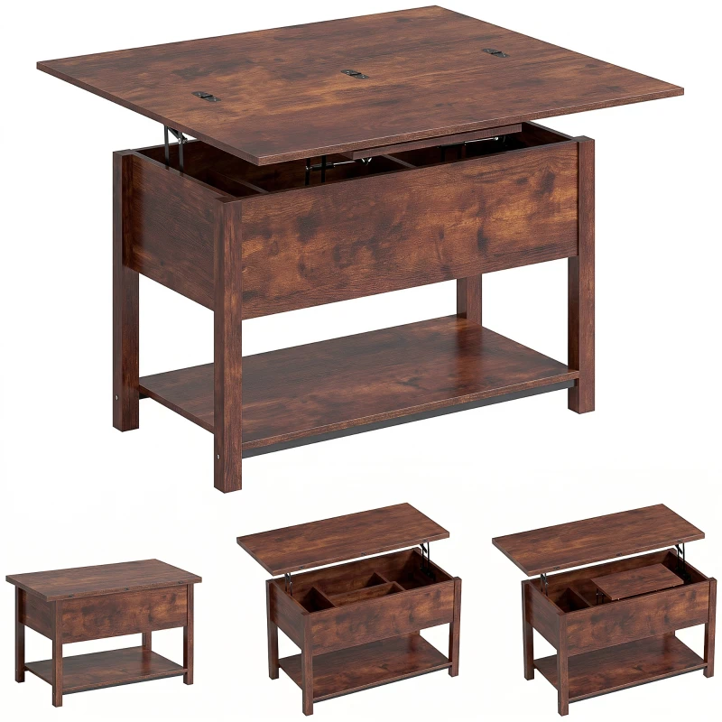 HOMCOM Table basse relevable et extensible table de salon avec compartiment caché étagère ouverte 100x45x50,5cm brun rustique(m-11)