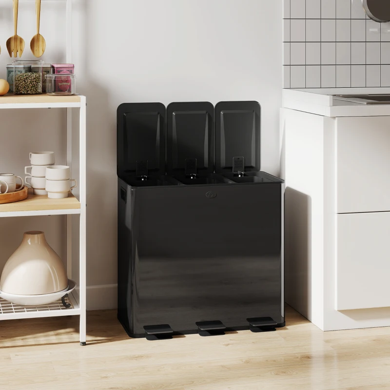 HOMCOM Pedaalemmer 3x20 L met geurvakken — vingerafdrukbestendig, softclose, uitneembaar — mat zwart(m-9)