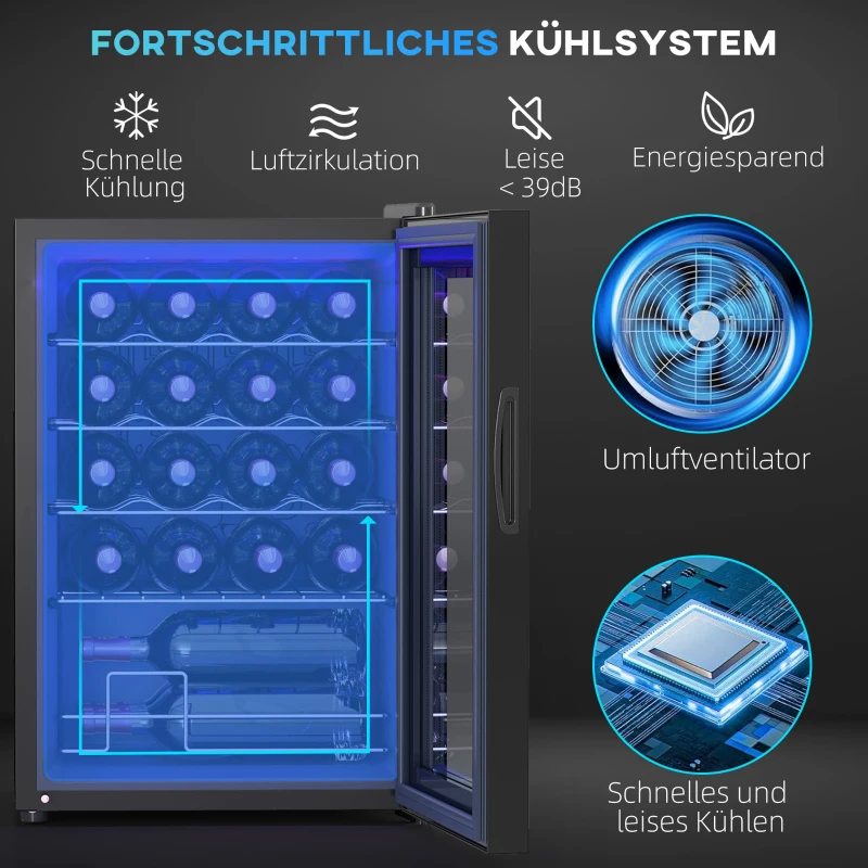 HOMCOM Kleine wijnkoelkast, mini-koelkast voor 20 flessen, 53 liter capaciteit, met glazen deur, LED-verlichting, zwart(m-4)