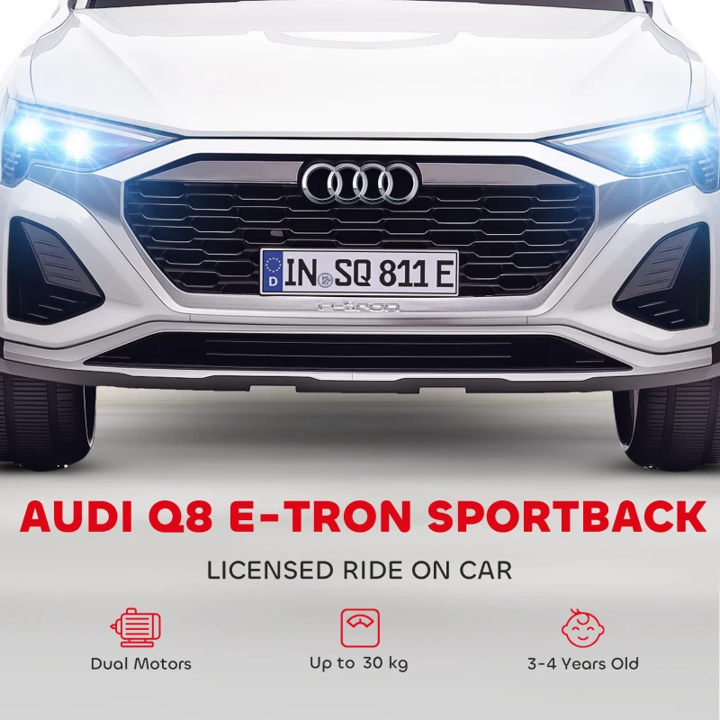 AIYAPLAY Carro Elétrico para Crianças Carro Audi Q8 Etron Sportback Infantil 12V Faróis Buzina e Música 98x49,5x43 cm Branco