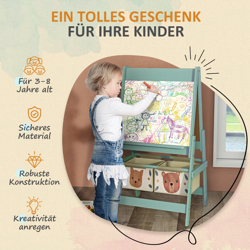 AIYAPLAY 3-in-1 Kinder Ezel met Papierrol, Krijtbord, Whiteboard, Opbergmanden, 54 x 46,5 x 93 cm, Groen(m-6)