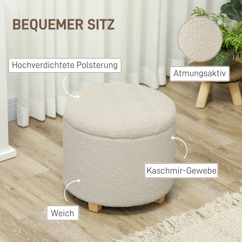 HOMCOM Ronde Kruk met Opbergruimte, Deksel en Houten Poten, Voetenbankje voor Woonkamer, Hal, Slaapkamer, Crèmewit