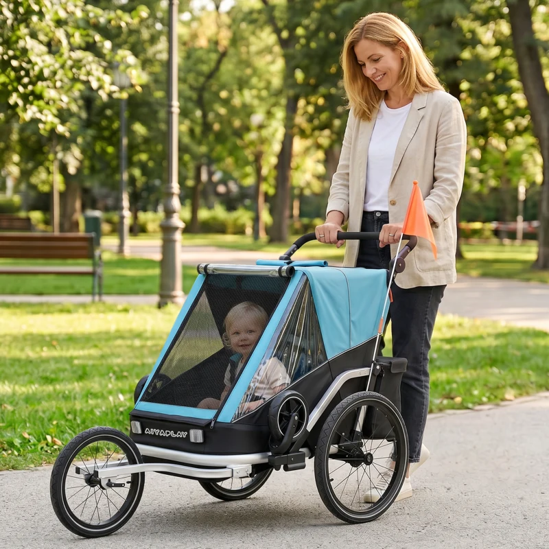 AIYAPLAY Fahrradanhänger für Kinder, 2-Sitzer, 2-in-1 faltbarer Kinderfahrradanhänger mit verstellbarem Sitz und Gurten, Blau