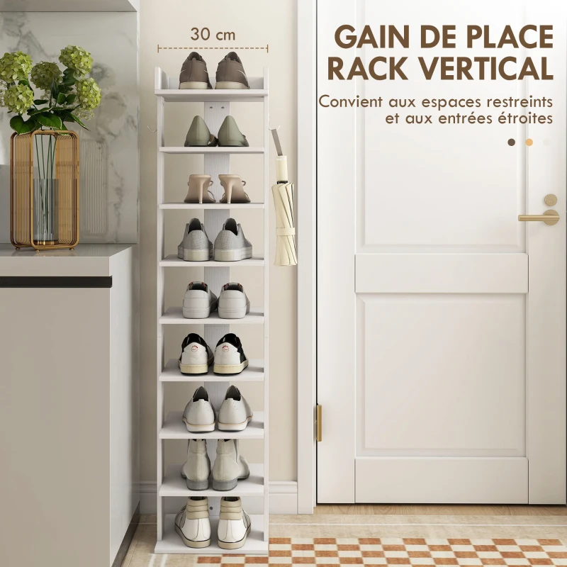 HOMCOM Étagère chaussure à 9 niveaux, range-chaussure jusqu'à 9 paires avec plateau supérieur, 2 crochets, 30x30x128,4cm, blanc