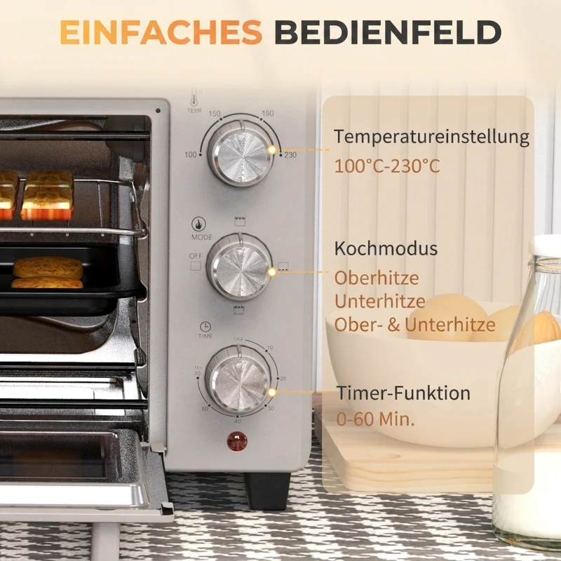 HOMCOM Mini-oven, 21 L broodrooster-oven met 1 draadrek en 1 bakplaat, 3 kookmodi, 100 °C-230 °C, roestvrij staal, glas, Zilver