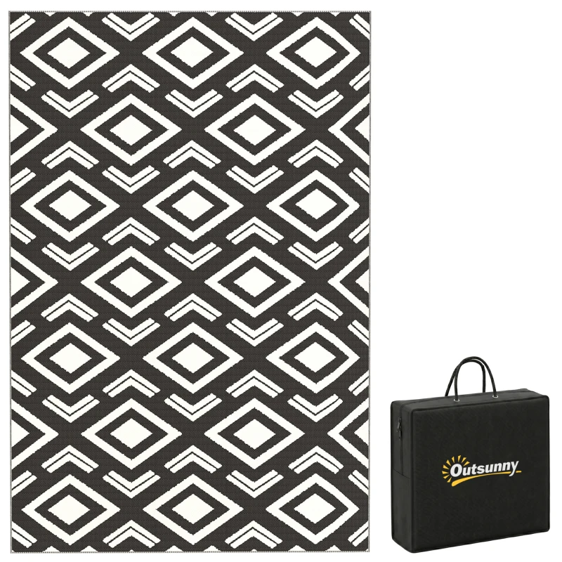 Outsunny Outdoor Teppich robuster Wetterfest Outdoorteppich mit Tragtasche, faltbar Carpet Boho-Style 182 x 274 cm Schwarz+Weiß