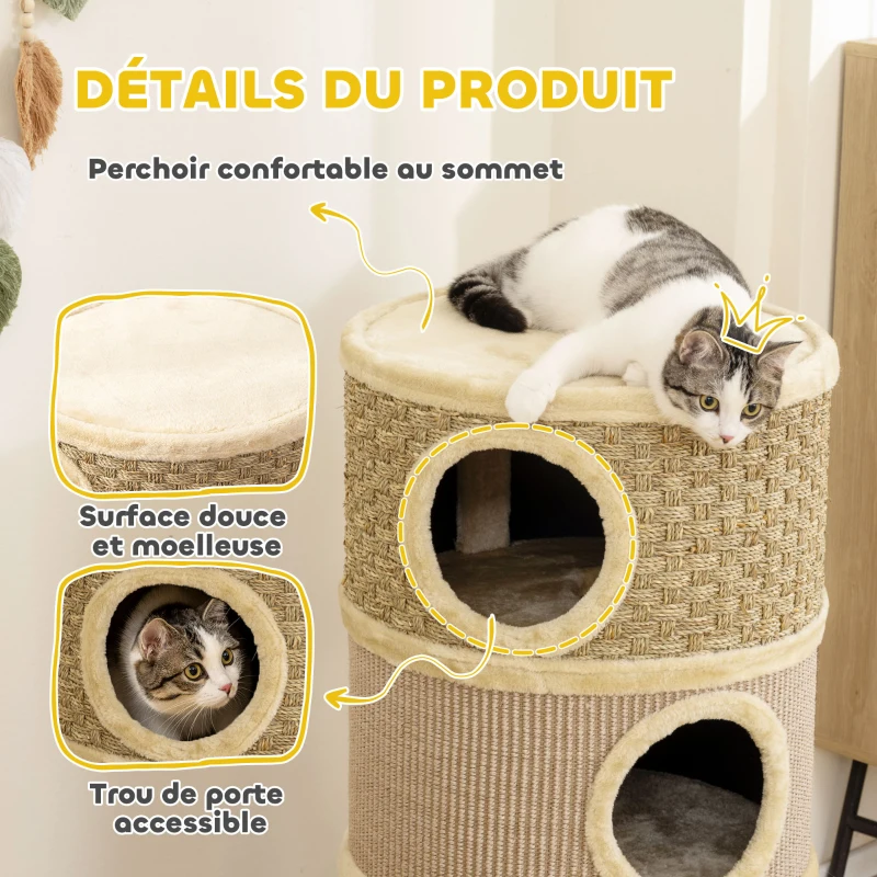 PawHut Tonneau à Gratter pour Chat Arbre à Chat Sisal Naturel et Herbiers Marins Recouvert de Peluche 45 x 45 x 79cm Kaki Café