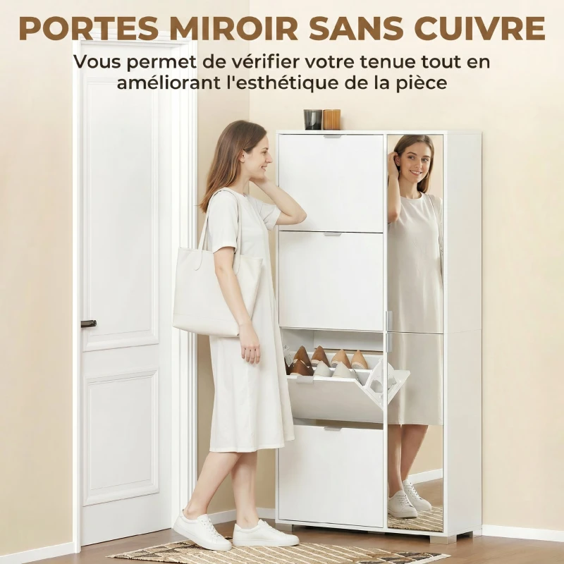 HOMCOM Meuble à chaussures 16 paires armoire à chaussures 4 tiroirs rabattables 2 portes en miroir étagères réglables blanc
