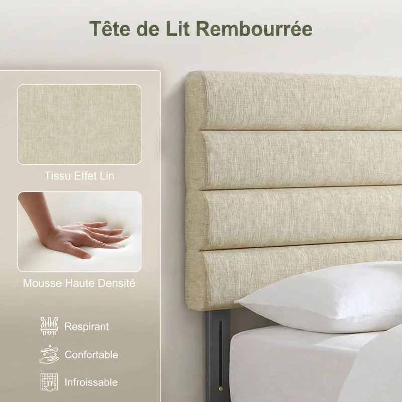 HOMCOM Tête de Lit Capitonnée, Hauteur Ajustable en 3 Niveaux avec Pieds en Métal pour Chambre, 140 x 10 x 106/116/126 cm Beige