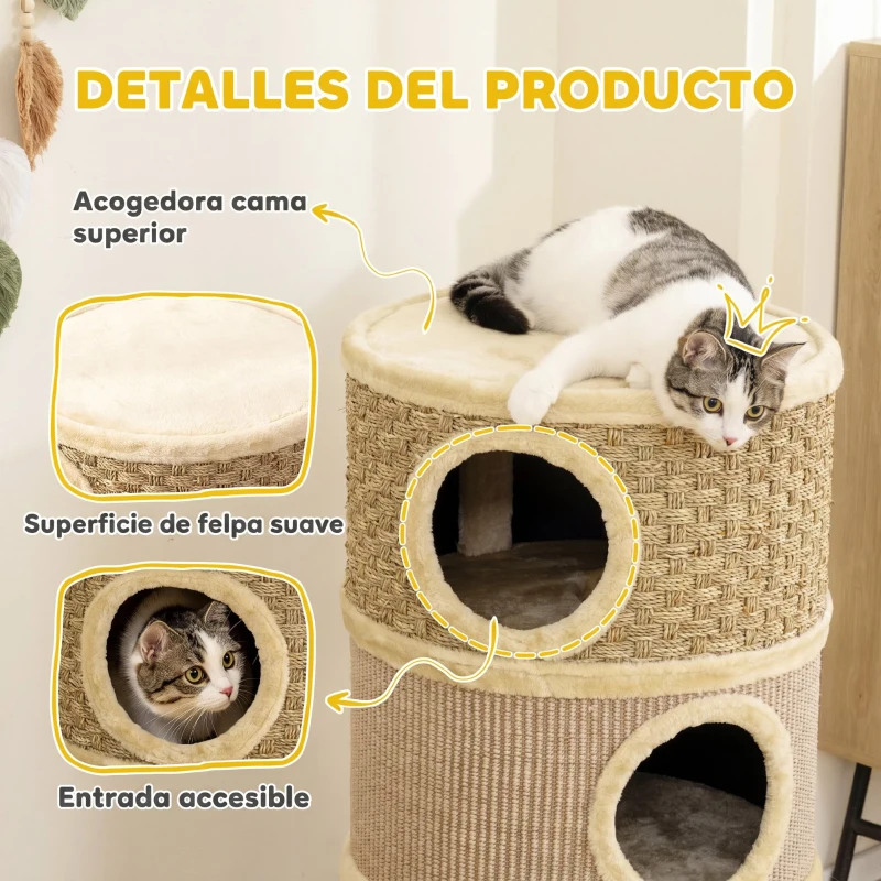PawHut Barril Rascador para Gatos de 3 Niveles Altura 79 cm Tonel de Escalada con Cama Cubierto de Sisal Caqui y Café